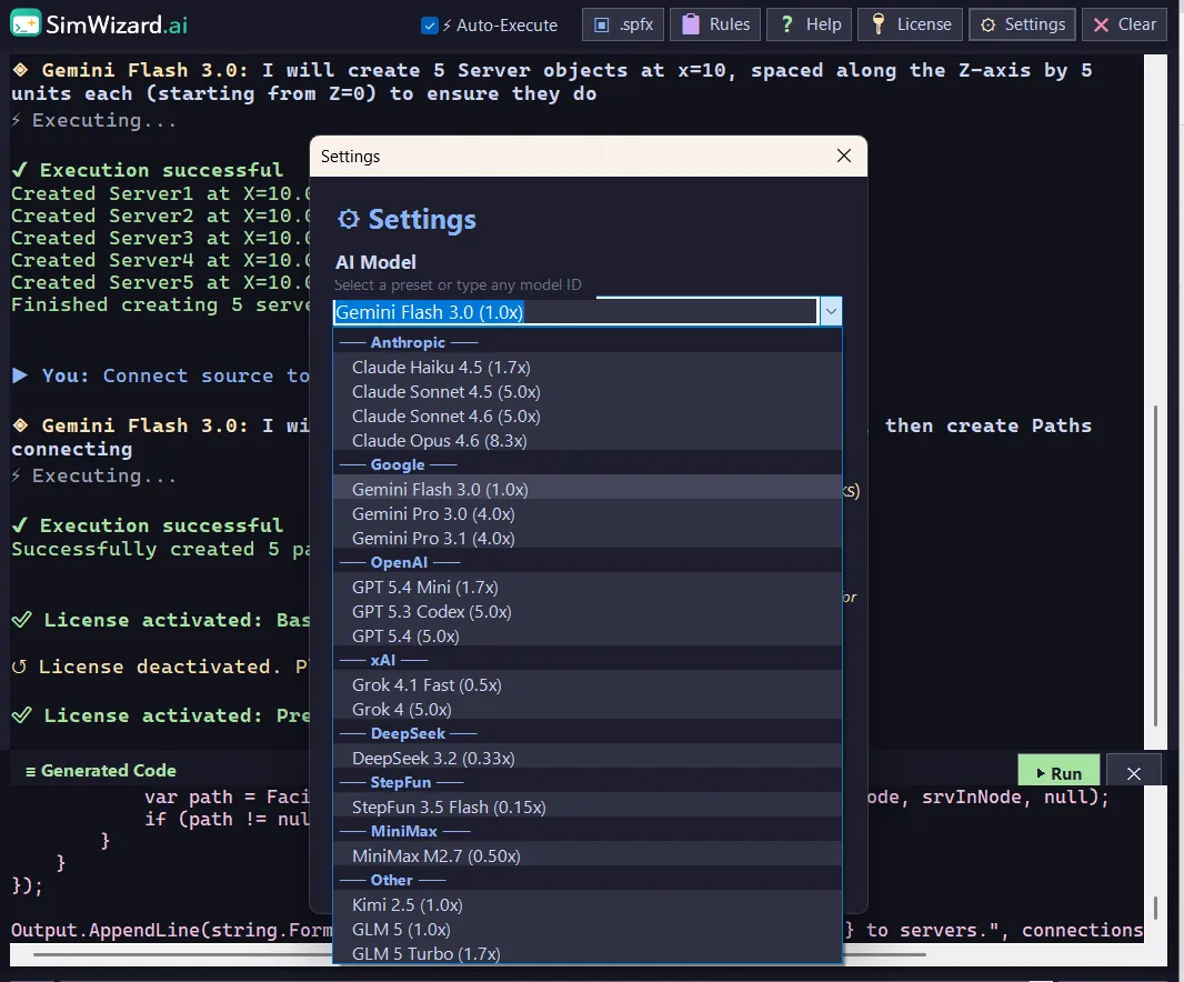 SimWizard AI model selector showing Claude, Gemini, and GPT options for Simio users